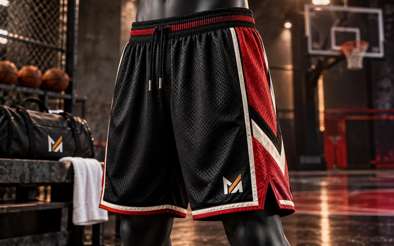 Custom black mesh basketball shorts displayed on a dark mannequin, featuring bold red and white side panels, an elastic drawstring waistband, breathable fabric, and Mega Apparel logo in an indoor basketball court setting.